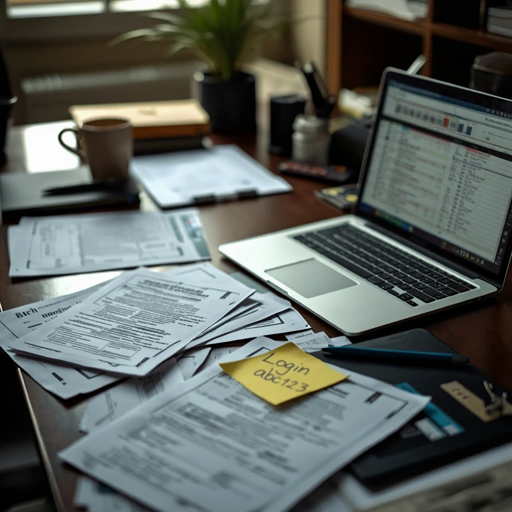 MZ DATA case study showing security vulnerabilities for solo benefits broker - exposed credentials, scattered client documents, and unprotected sensitive data before cybersecurity transformation