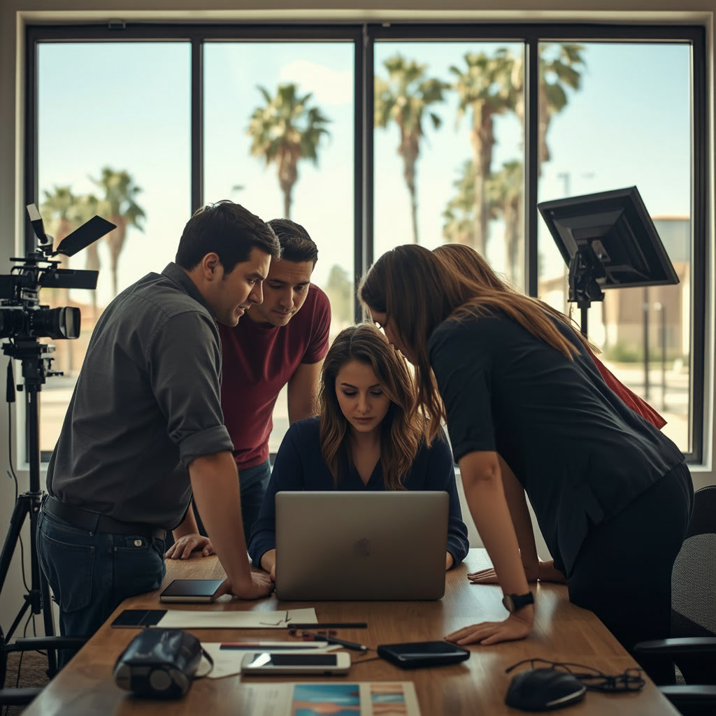 MZ DATA case study showing video production team crowded around single laptop troubleshooting file transfer issues, illustrating infrastructure bottleneck as creative team grew beyond capacity of consumer file-sharing solution