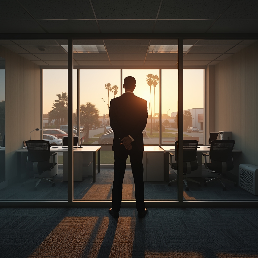 MZ DATA case study showing mortgage broker contemplating business future in Southern California office, silhouetted against window overlooking palm trees at sunset